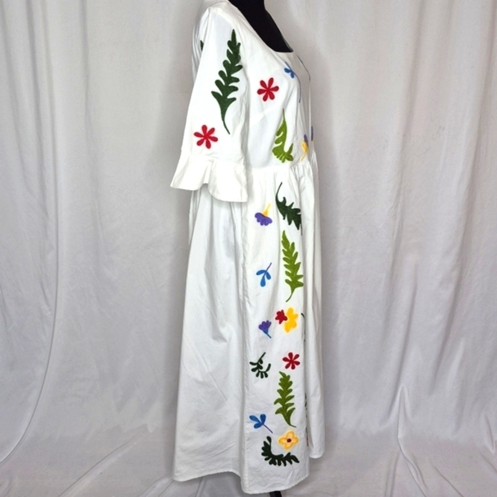 eShakti Floral Embroidered Cotton Poplin Dress - Size L - Picture 8 of 16